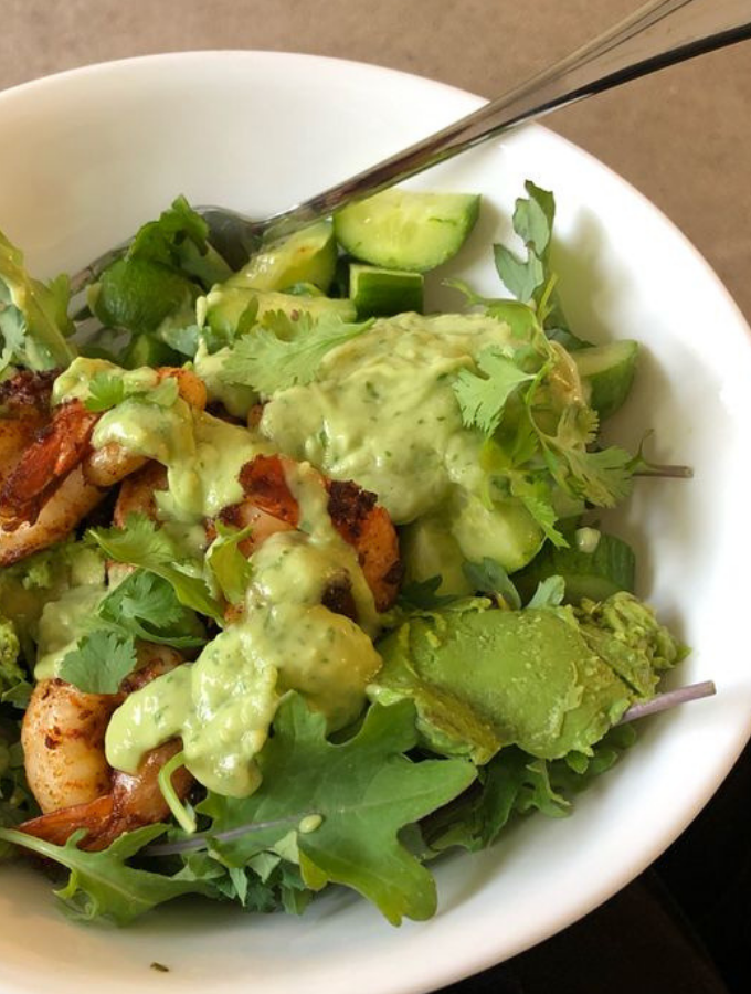 SHRIMP AND AVOCADO SALAD WITH MISO DRESSING